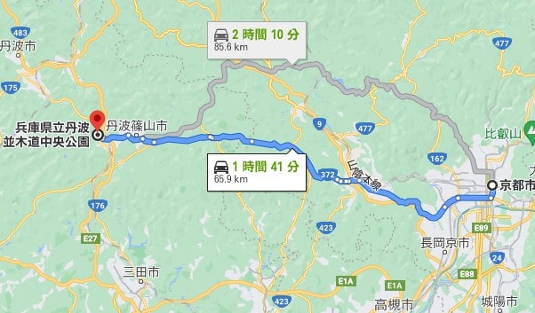京都市から並木道中央公園まで高速なしで約1時間45分