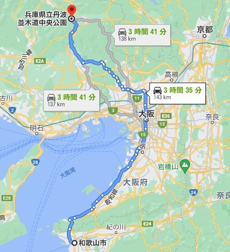 和歌山市から高速利用無しで約3時間40分
