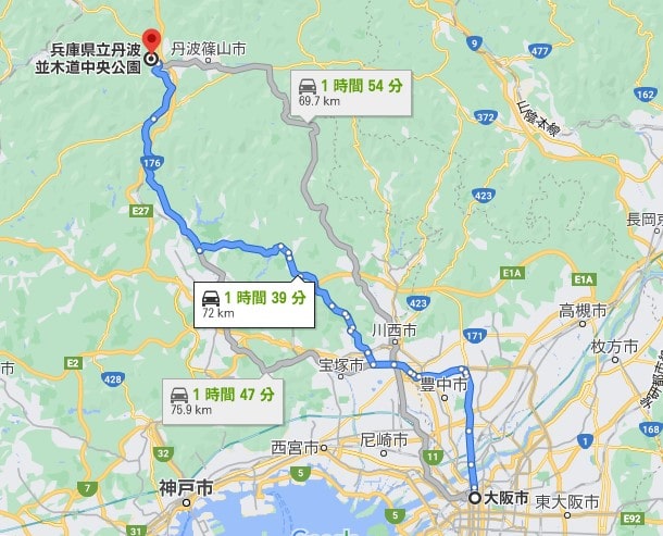 大阪市から並木道中央公園まで高速利用なしで約1時間40分